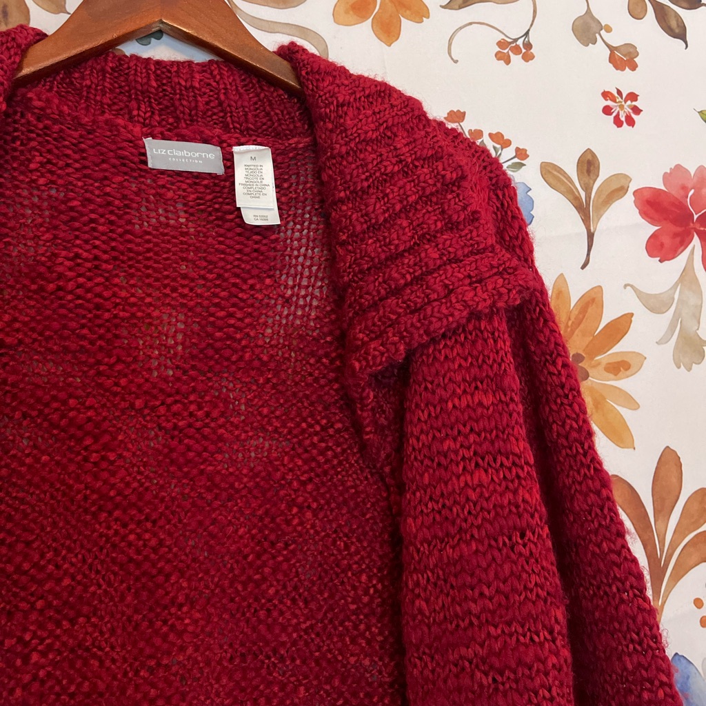 Liz Claiborne M Red Fuzzy Thick Chunky Knit Tomato Girl Long Open Cardigan City
